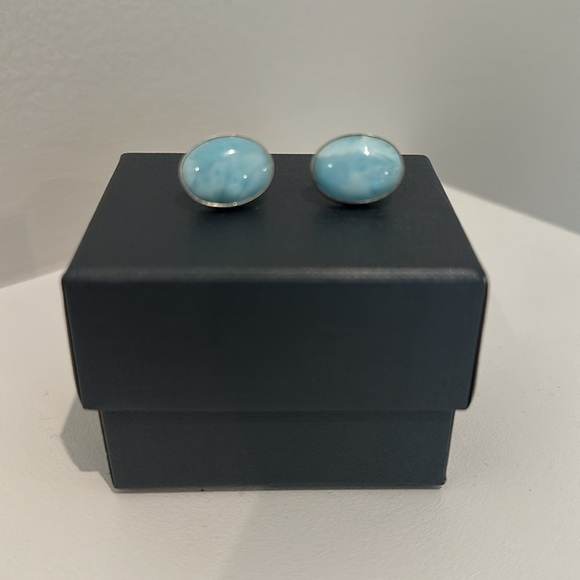 Sterling Silver Oval Larimar Earrings - Picture 3 of 5